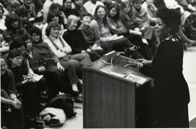 Maya Angelou speaking at Burns Library at Boston College