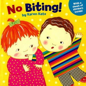 The cover of a children's book by author Karen Katz, titled "Biting"