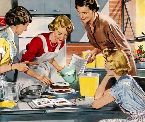Illustration from a 1950s magazine or print ad depicting four women baking and icing a cake in a kitchen.