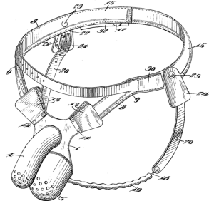A technical drawing of an anti-masturbation chastity belt with key components numbered for reference.